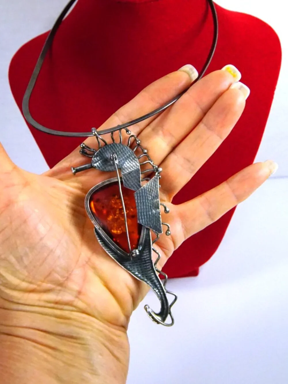 Rare Seahorse Baltic  Amber Sterling  Silver Pendant-Brooch Necklace